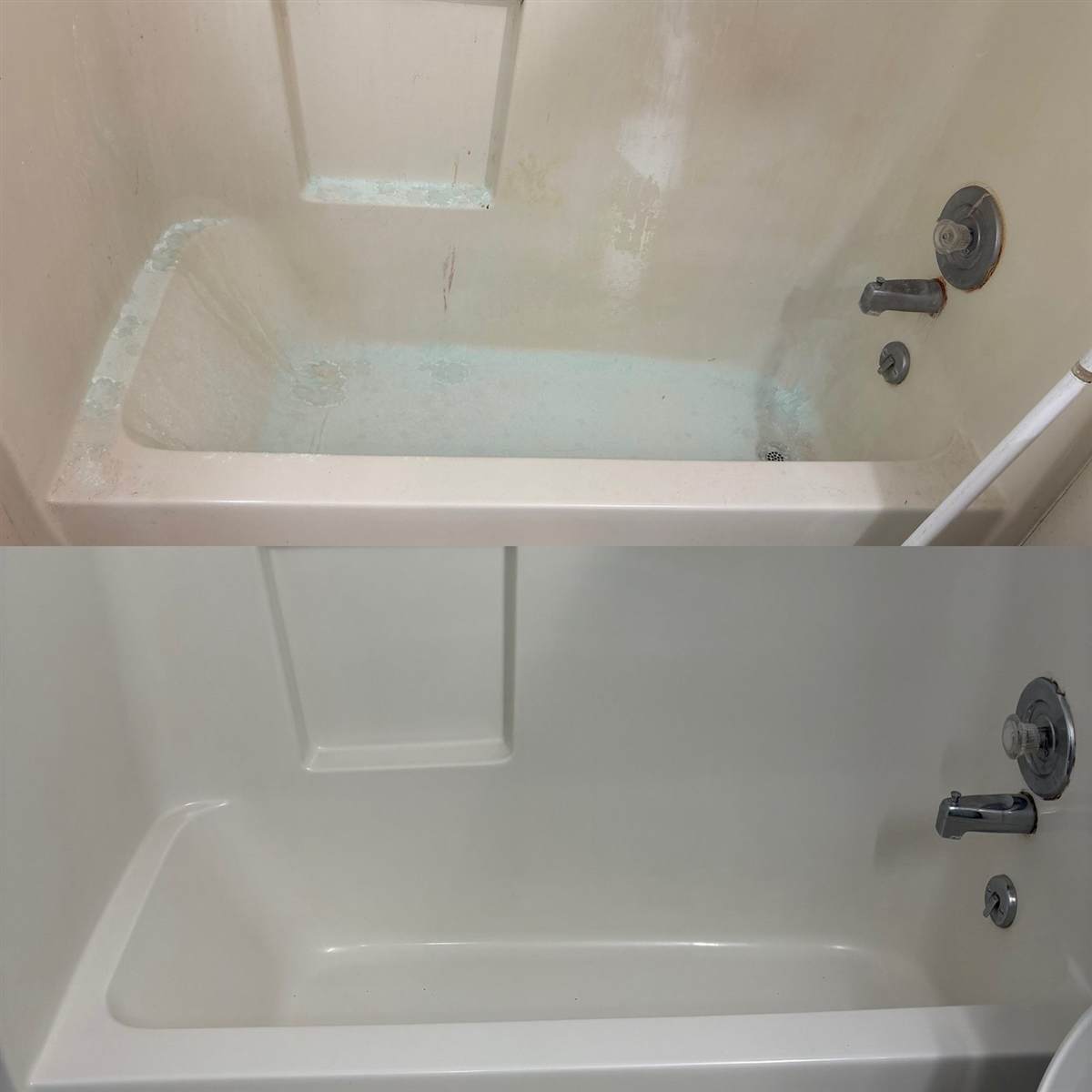 Bathtub and fiberglass surround before-and-after, soap scum and rust removed