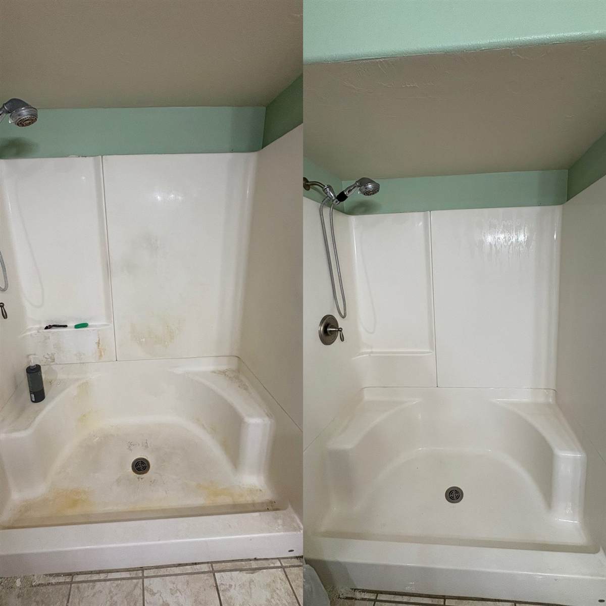 Shower stall before-and-after, mildew and soap scum removed