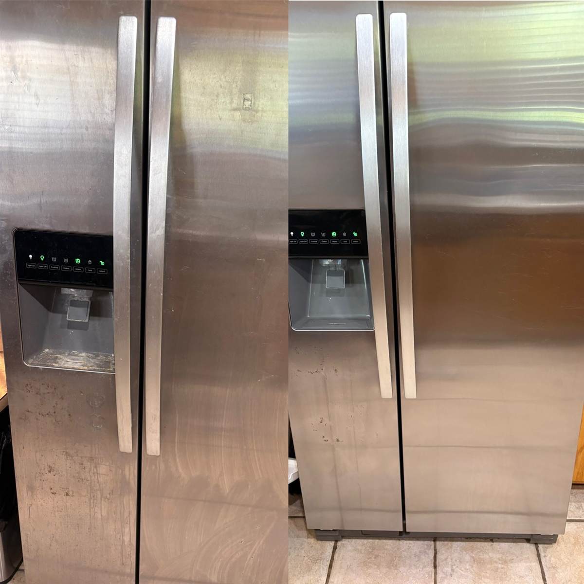 Stainless steel refrigerator before-and-after, smudges and streaks removed