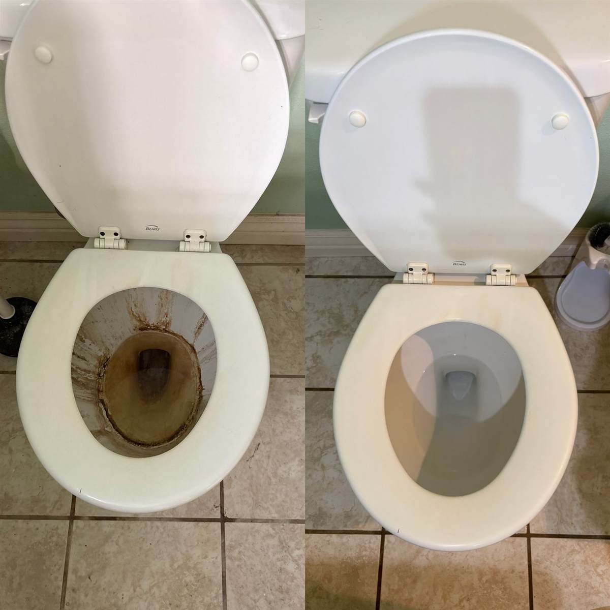 Toilet bowl before-and-after, mineral and rust ring removed
